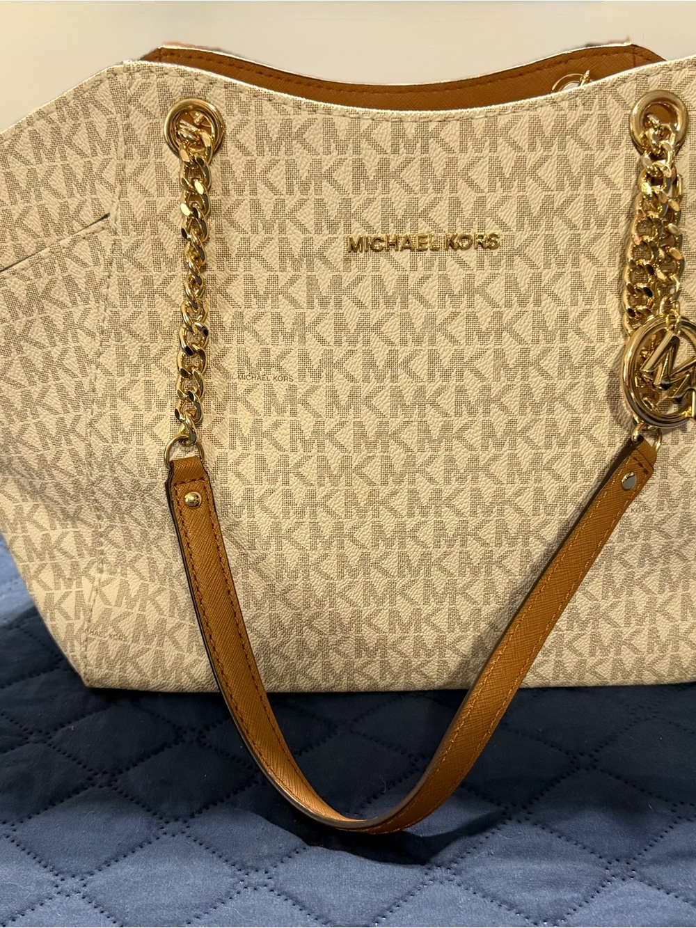 Michael Kors Beige MK Logo Tote with Tan Leather Straps and Gold Hardware